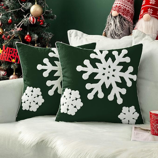 MIULEE Pack of 2 Christmas Decorative Snowflake Throw Pillow Covers Canvas Embroidery Winter Cushion Cases Holiday Decor Soft Pillowcases for Winter Couch Sofa Bedroom Car（Dark Green, 20x20in）