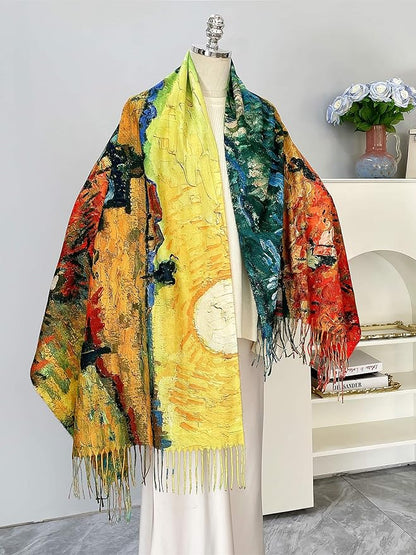 VENVSBEE Reversible Scarf Soft Large Shawl Wrap Blanket Double Sided Art Print Warm Pashmina Stoles Klimt Van Gogh Gifts