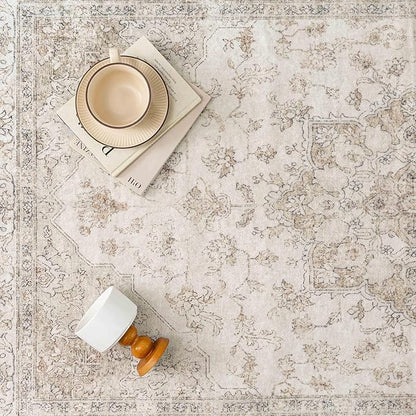 Beige Runner Rug 2x6 Washable Vintage Long Carpet for Hallway Kitchen Soft Retro Low Pile Thin Indoor Runner Non Slip Oriental Medallion Throw Rug for Bathroom Bedroom Laundry Dining Room