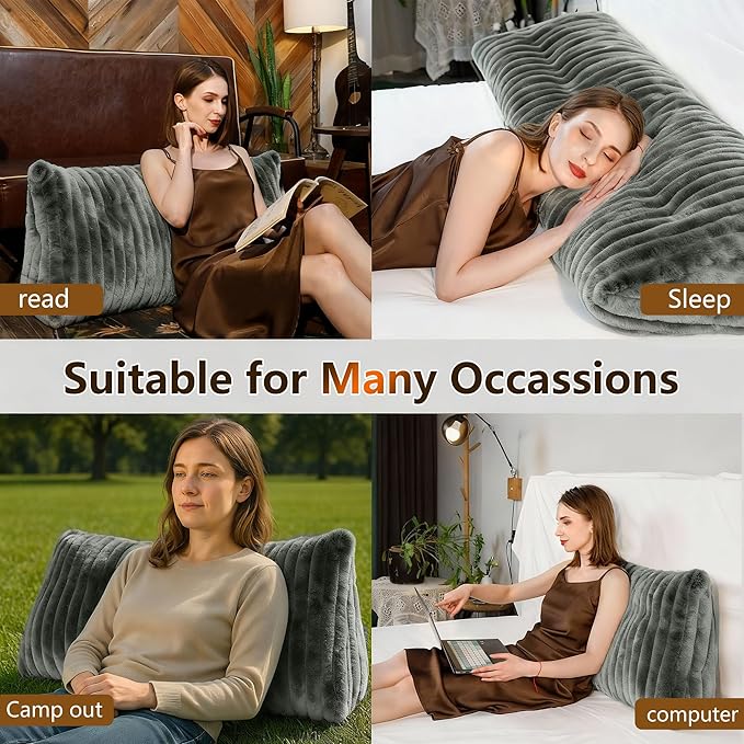 Faux Fur Headboard Pillow King Size, Triangular Wedge Backrest with Removable Head Roll & Side Pocket, Reading Pillow for Bed, Couch, Floor - Ergonomic Support for Neck, Back, Dark Grey