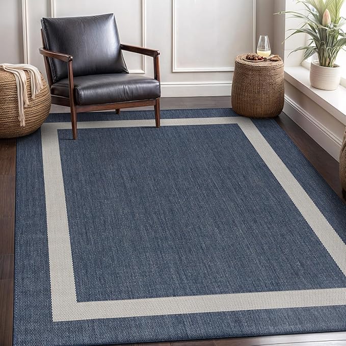 CAMILSON Outdoor Rug 5x7, Modern Outside Rugs for Patios Porches Waterproof Durable Washable Non-Shedding, Easy-to-Clean Indoor Outdoor Area Carpet (5 x 7, Bordered - Blue/White)