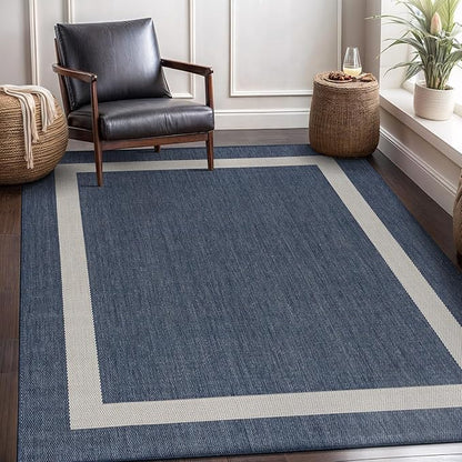CAMILSON Outdoor Rug 5x7, Modern Outside Rugs for Patios Porches Waterproof Durable Washable Non-Shedding, Easy-to-Clean Indoor Outdoor Area Carpet (5 x 7, Bordered - Blue/White)