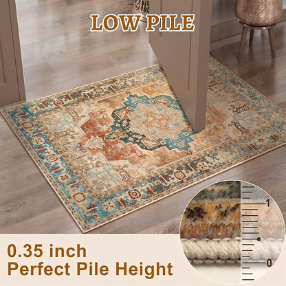 Tangsoo 4x6 Washable Rug Vintage Non Slip Indoor, Distressed Carpet for Living Room, Dining Room, Soft Low Pile Rugs Foldable Floor for Bedroom Dorm Bedside Bathroom Rusty Orange