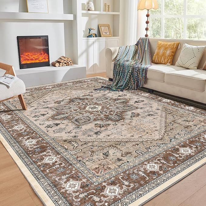 OPPODREAM Thin Area Rugs 9x12 Living Room, Washable Rugs 9x12 with Non Slip Backing, Faux Cashmere Low-Pile 9 x 12 Carpet, Brown