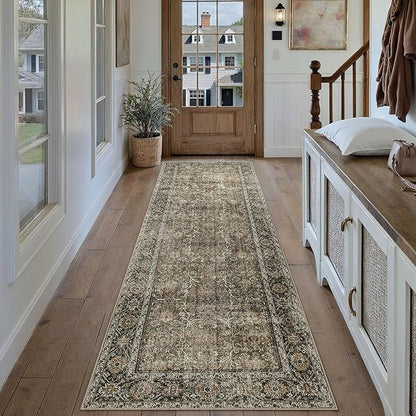Brown Runner Rug 2x8 Vintage Area Carpet Hallway Long Indoor Kitchen Washable Living Room Low Pile Traditional Distressed Retro Accent Throw Rug Non Slip Laundry Bathroom Office Dining Room