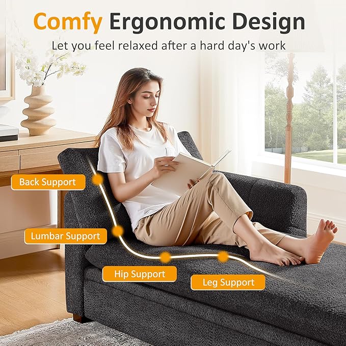 VANOMi Oversized 70.47'' Chaise Lounge Chair Indoor with Storage Space, Modern Upholstered Sofa Bed with Thick Cushion & Left Armrest, Boucle Leisure Recliner for Living Room, Bedroom, Dark Gray