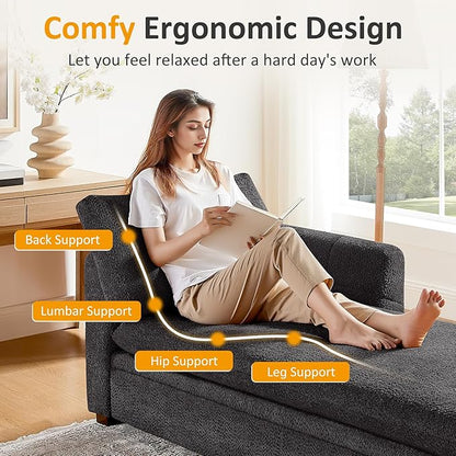 VANOMi Oversized 70.47'' Chaise Lounge Chair Indoor with Storage Space, Modern Upholstered Sofa Bed with Thick Cushion & Left Armrest, Boucle Leisure Recliner for Living Room, Bedroom, Dark Gray