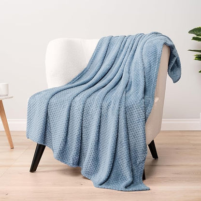 PAVILIA Dusty Blue Throw Blanket for Couch, Twin Bed, Soft Fleece Throws for Sofa Chair, Fuzzy Waffle Textured Blanket, Cozy Warm Lightweight All Season Blanket Throw, 60x80