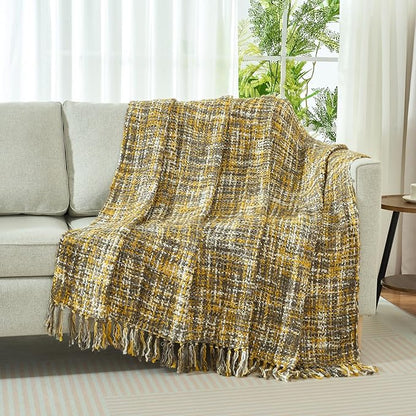 Multi-Color Gold Cable Knitted Throw Blanket for Couch,50"X60" Boho Style Textured Blankets for Home Decor,Super Soft Warm Cozy Chunky Knit Blanket with Decorative Tassels for Bed and Sofa