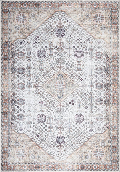 Bloom Rugs Washable Non-Slip 5' x 7' Rug - Sand/Orange/Purple Traditional Medallion Area Rug for Living Room, Bedroom, Dining Room, and Kitchen - Exact Size: 5' x 7'