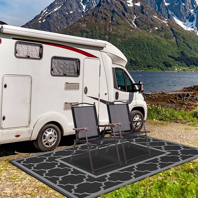 GENIMO 4 ' x 6 ' Outdoor Rug for Patio, Waterproof Indoor Outdoor Plastic Straw Rugs Carpet, Reversible Outside Area Mat for Camping, Balcony Porch, Deck, Picnic, Beach Black Grey