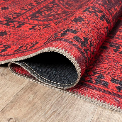 Bloom Rugs Washable Non-Slip 6' x 9' Rug - Red Traditional Bordered Area Rug for Living Room, Bedroom, Dining Room, and Kitchen - Exact Size: 6' x 9'