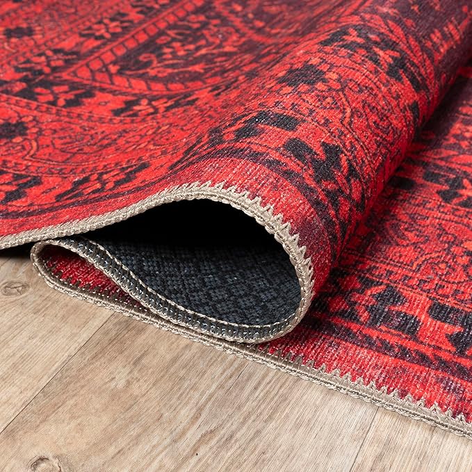 Bloom Rugs Washable Non-Slip 10x14 Rug - Red Traditional Bordered Area Rug for Living Room, Bedroom, Dining Room, and Kitchen - Exact Size: 10' x 14'