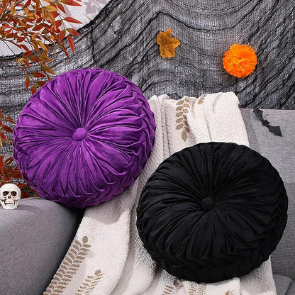 2 Pcs Round Throw Pillows 15 Inch Decorative Velvet Pleated Pumpkin Floor Boho Pillows for Living Room Couch Chair Bed Sofa (Black and Purple)