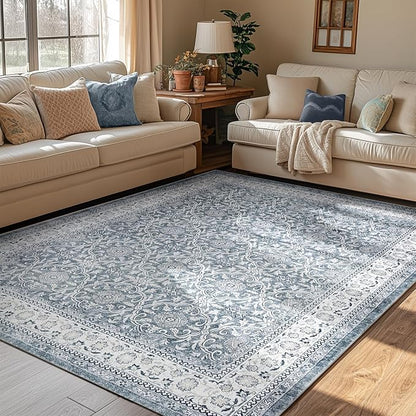 jinchan Floral 5x7 Area Rugs for Bedroom - Machine Washable Vintage Distressed Boho Design Throw Rug Stain Resistant Carpet Low-Pile Thin Non-Slip for Nursery Living Room Dining Room (5‘x7', Grey)