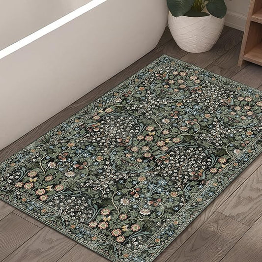 MUJOO 2x3 Washable Rug,Floral Small Area Rugs for Bathroom Entryway Entry Bedroom Bedside,Boho Front Door Mat Indoor Entrance Throw Carpet Botanical Vintage Non Slip Ultra-Thin Black and Green