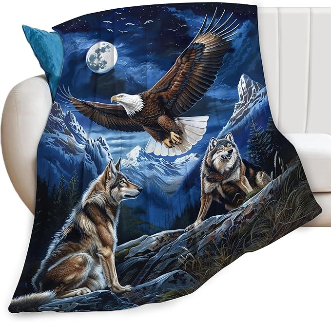 Bald Eagle Wolf Throw Blanket Wild Animal Print Blankets Gifts Couch Sofa Bed Stuff Decor Soft Cozy Lightweight Flannel Bedding for Lover 60"x80"