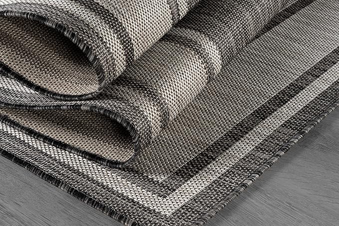 Beverly Rug Large Outdoor Rug 10x14 Modern Bordered Area Rugs for Indoor and Outdoor Patio Deck Porch Garden Waterproof Weather Sun Resistant Washable Outside Carpet (10 x 14 Dark Gray)