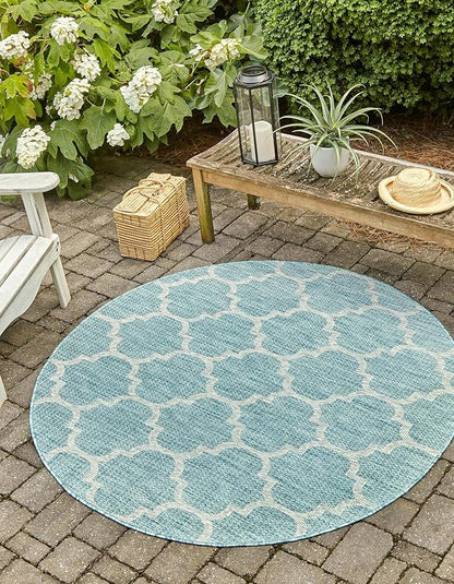 Unique Loom Outdoor Trellis Collection Area Rug (7' 10" Round, Aquamarine/ Gray)