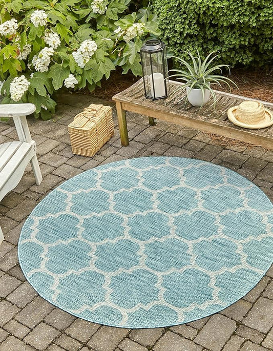 Unique Loom Outdoor Trellis Collection Area Rug (7' 10" Round, Aquamarine/ Gray)
