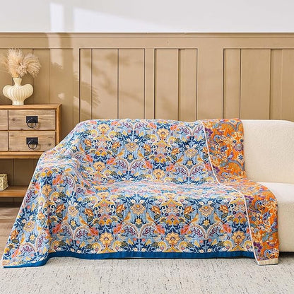 Blue Orange Fall Blanket 50"x 60" Boho Throw Blankets for Couch Bed Chair, 100% Cotton Quilts Warm Soft Blanket Muslin Bed Blankets Home Decor Farmhouse Warm Throws Gifts for Women Mom