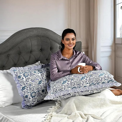 CPC Indigo Blue 100% Cotton Block Print Ruffle Sham Cover 20X30 inch Pack of 2, Handmade Boho Floral Pillowcase, Soft Decorative Queen Bed Pillow Cover for Bedroom Décor