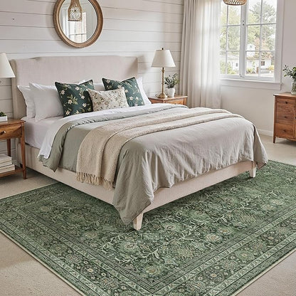Area Rug 8x10 Green Washable Living Room Carpet Soft Non Slip Vintage Bedroom Indoor Office Traditional Retro Distressed Large Thicker Throw Rug for Dining Room Playroom