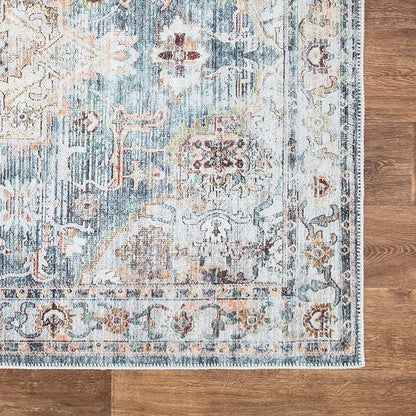 Bloom Rugs Washable Non-Slip 7 ft Runner - Teal/Peach Traditional Runner for Entryway, Hallway, Bathroom, and Kitchen - Exact Size: 2.5' x 7'