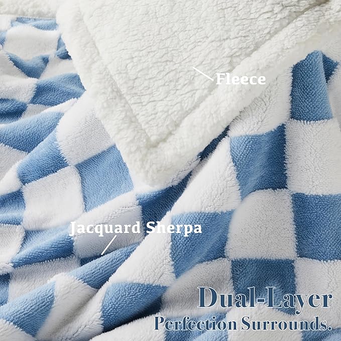 Checkered Dog Blanket, Blue Jacquard Sherpa Blankets for Small Dog and Cats, Cute Aesthetic Style Fluffy Fleece Pets Blanket for Couch Protection Washable, 40"x50"