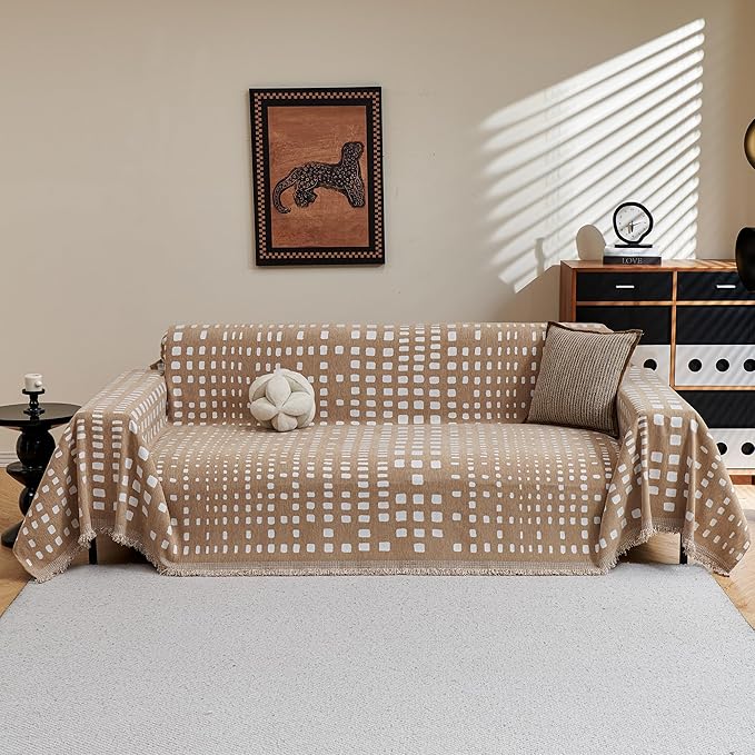 MEETSKY Boho Couch Cover Sofa Covers, Chenille Geometric Khaki Couch Covers for Love Seat Couch Covers for 2 Cushion Couch Sofa Pet Friendly, Washable Sofa Slipcover with Tassels, 71" x 118"