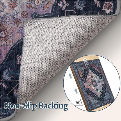 Tangsoo 2x5 Washable Runner Rug for Hallways, Non Slip Vintage Runner, Soft Low Pile Long Rug Runner, Print Distressed Navy/Mlulti Carpet Runners for Kitchen Bedroom Entryway Bathroom Living Room