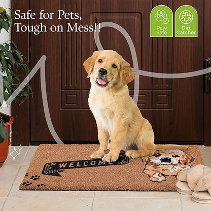 Coir Door Mats 17" X 30", Non-Slip Sturdy, PVC Backed Heavy Duty, Easy to Clean, Ideal for Door Entrance, Patio, Porch, Backyard, Garages, Cute Little Puppy Welcome