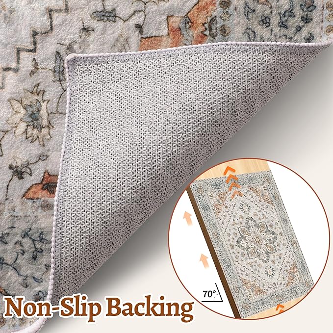 Tangsoo 2.6x8 Washable Runner Rug for Hallways, Non Slip Vintage Runner Rugs, Soft Low Pile Long Rugs Print Distressed Grey Carpet Runners for Kitchen Bedroom Entryway Bathroom Living Room