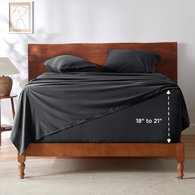 Bedsure Deep Pocket Full Size Bed Sheets Set - Fits Mattresses Up to 21 Inches Thick - 4 Piece GentleSoft Bed Sheets, Moisture Wicking, Soft & Cooling Bedsheet & Pillowcases, Easy & Secure Fit, Black