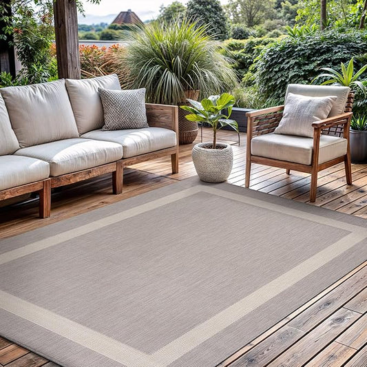 CAMILSON Outdoor Rug 5x7,Modern Outside Rugs for Patios Porches Waterproof Durable Washable Non-Shedding, Easy-to-Clean Indoor Outdoor Area Carpet (5 x 7, Bordered - Gray/White)