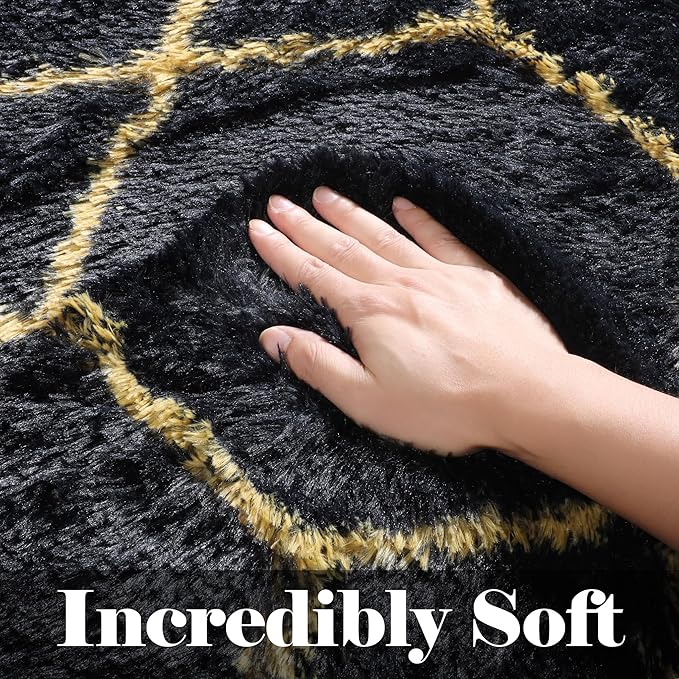 ONASAR 5x8 Rugs for Living Room Bedroom, Washable Fluffy Black and Gold Area Rug, Geometric Boho Soft Plush Shaggy Floor Carpet Mat for Nursery Kids Girls Boys Teen Dorm Home Decor Aesthetic