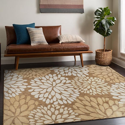 Beverly Rug Outdoor Rug 8x10 Modern Exotic Tropical Leaf Area Rugs for Indoor and Outdoor Patio Deck Porch Garden Water Resistant Washable Outside Carpet (8 x 10 Wooden)