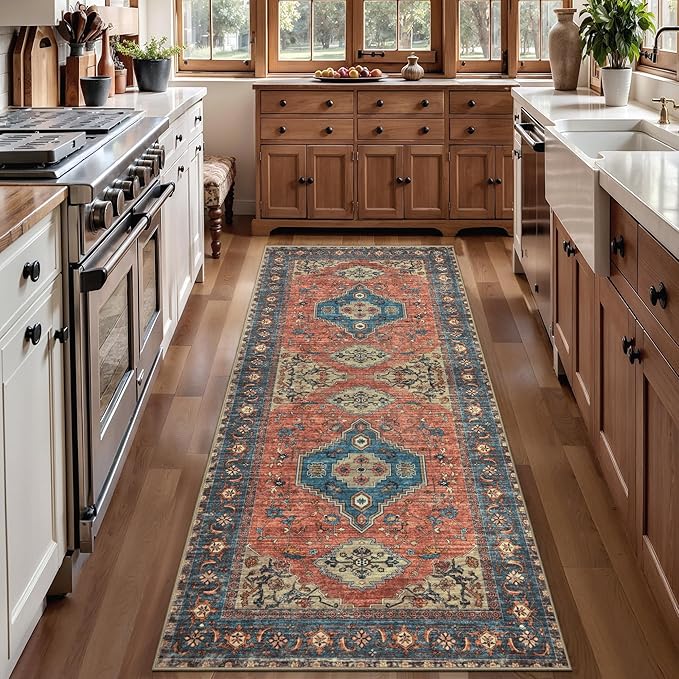 Tangsoo 2.6x10 Washable Runner Rug for Hallways, Non Slip Vintage Runner Rug, Soft Low Pile Long Rug Runner, Print Distressed Carpet Runners for Kitchen Bedroom Entryway Living Room Terracotta