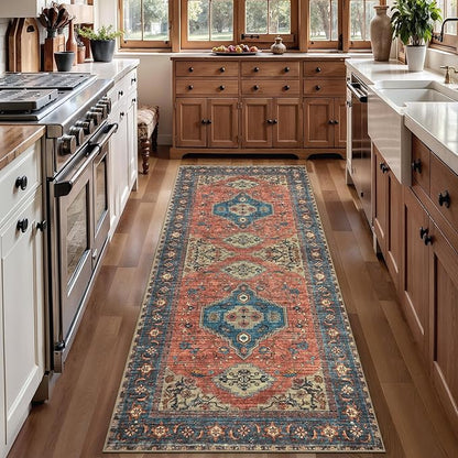Tangsoo 2x6 Washable Runner Rug for Hallways, Non Slip Vintage Runner Rug, Soft Low Pile Long Rug Runner, Print Distressed Carpet Runners for Kitchen Bedroom Entryway Bathroom Living Room Terracotta