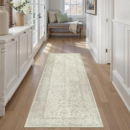 2x8 Grey Runner Rug Hallway Non Slip Kitchen Vintage Distressed Long Carpet Indoor Machine Washable Retro Floral Bedroom Accent Throw Rug for Office Laundry Bathroom Dining Living Room