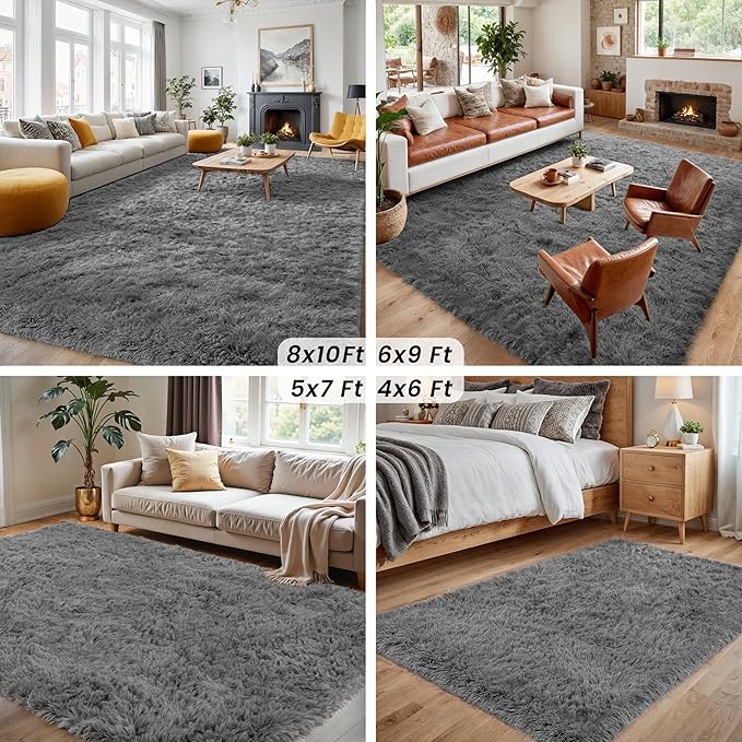 8x10 Area Rugs for Living Room Rug: Soft Fluffy Shag Light Gray Rugs for Bedroom, Non-Slip Large Fuzzy Plush Rug Indoor Floor Carpet for Nursery Kids Boys Girl Room, Dorms, Playroom, Modern Home Decor