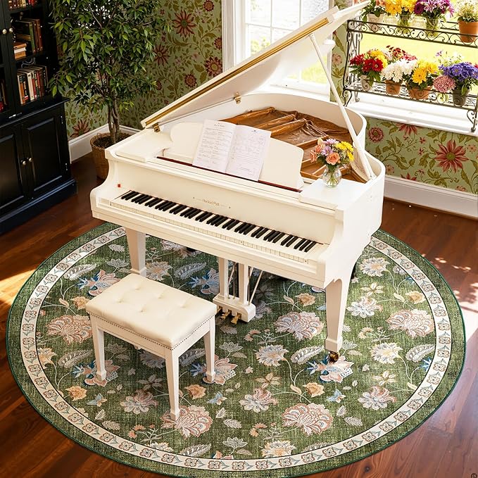 jinchan Elora 8ft Floral Round Rug for Washable Living Room Rug Vintage Romance Christmas Design Non Slip Indoor Floor Cover Lightweight Low-Profile Throw Carpet for Bedroom Porch Patio, Green
