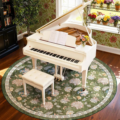 jinchan Elora 8ft Floral Round Rug for Washable Living Room Rug Vintage Romance Christmas Design Non Slip Indoor Floor Cover Lightweight Low-Profile Throw Carpet for Bedroom Porch Patio, Green