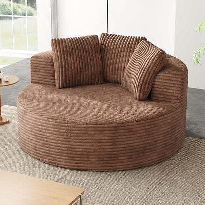 JACH Oversized Round Lazy Sofa Chair with Three Pillows, 50" Corduroy Deep Seat Single Sleeper Sofas, Upholstered Chaise, Cloud Couch for Living Room, Apartment, Light Brown