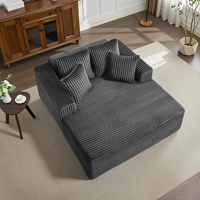 Oversized Chaise Lounge Chair Indoor, Boneless Couch Cloud Fluffy Chaise Lounges Corduroy Upholstered Sofa Bed w/Throw Pillows for Living Room Home Grey