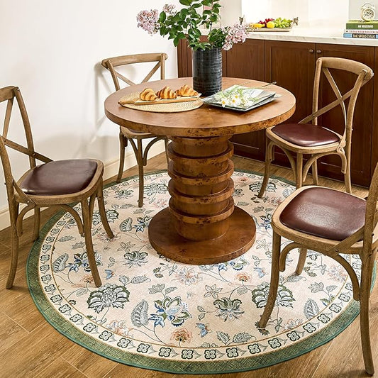 jinchan Elora 6ft Floral Round Rug for Washable Living Room Rug Vintage Romance Christmas Design Non Slip Indoor Floor Cover Lightweight Low-Profile Throw Carpet for Bedroom Patio, Green/Beige
