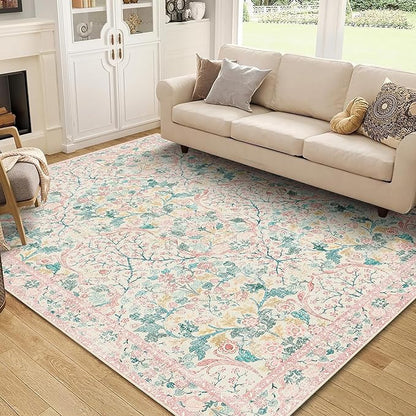 MUJOO Pink 5x7 Area Rugs,Floral Washable Rug for Living Room Bedroom Office Dining Room,Large Throw Carpet,Boho Non Slip Indoor Floor Big Soft Botanical Vintage Ultra-Thin