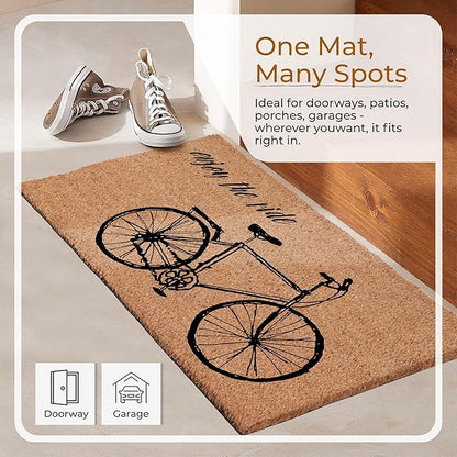 Coir Door Mats 17" X 30", Non-Slip Sturdy, PVC Backed Heavy Duty, Easy to Clean, Ideal for Door Entrance, Patio, Porch, Backyard, Garages, Enjoy The Ride Vintage Bicycle