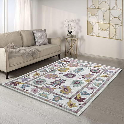 Fame Living Pink Oushak Rug, Modern, Vintage, Turkish, Eclectic, Floral, Pastel, Washable, Oversized, Extra Large Area Rugs for Living Room, Dining, Bedroom, Lounge 9'5"x14'