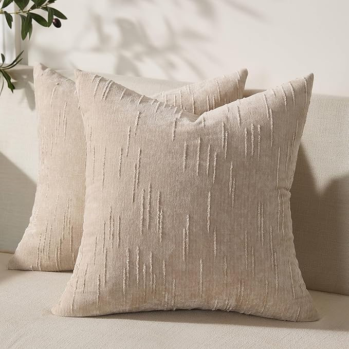 Set of 2 Soft Textured Throw Pillow Covers 24x24, Invisible Zipper Neutral Cushion Cases, Easy - Care Decorative Farmhouse Decor for Living Room Couch (Khaki, 24" x 24" (Pack of 2))
